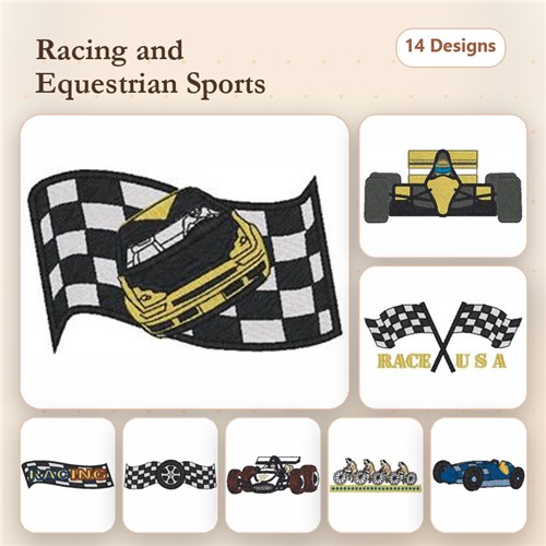 Racing and Equestrian Sports Embroidery Designs Bundle – Race Car, Checkered Flag, Horse and Jockey & More (14 Designs)