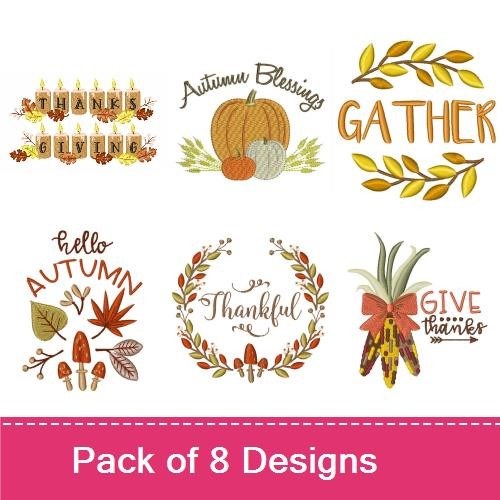 Thanksgiving and Autumn Embroidery Designs Bundle – Thankful Wreath, Thanksgiving Turkey, Autumn Blessings & More (8 Designs)