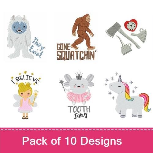 Whimsical Fantasy Characters Embroidery Designs Bundle – Yeti, Bigfoot, Unicorn & More (10 Designs)