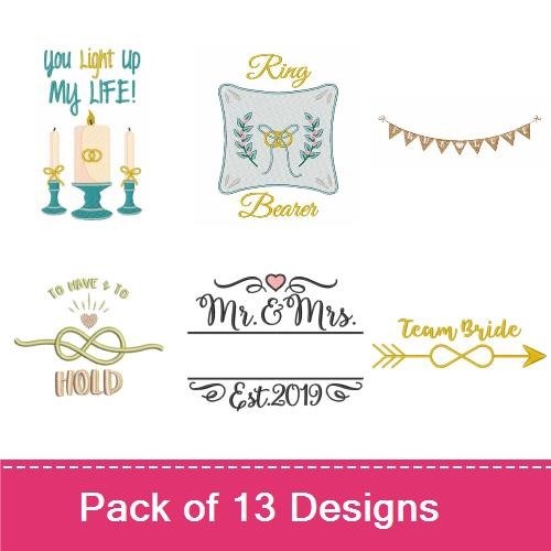 Wedding Celebration Embroidery Designs Bundle – Mr & Mrs, Diamond Ring, Wedding Bells & More (13 Designs)