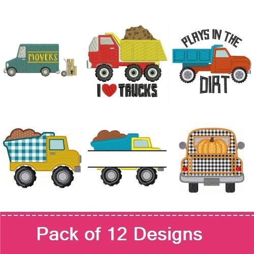 Trucks & Vehicles Embroidery Designs Bundle – Pickup Truck with Pumpkin, Food Truck, Dump Truck & More (12 Designs)
