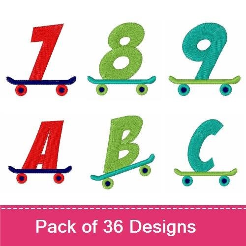 Skateboard Numbers and Letters Embroidery Designs Bundle – 0 on Skateboard, A on Skateboard & More (36 Designs)