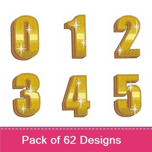 Golden Sparkle Numbers & Letters Embroidery Designs Bundle – Golden Number 0, Golden Number 1, Golden Number 2 & More (62 Designs)