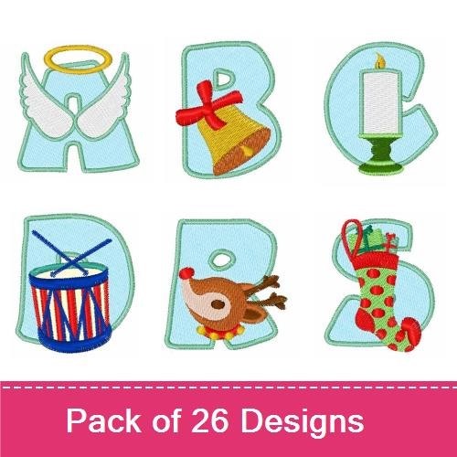Christmas Alphabet Embroidery Designs Bundle – B with Bell, Angel, Candle, Snowman & More (26 Designs)