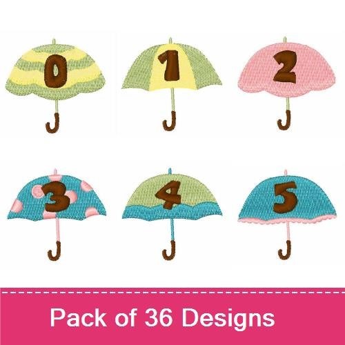 Umbrella Alphabet & Numbers Embroidery Bundle – Umbrella with 0, Umbrella with 1, Umbrella with 2 & More (36 Designs)