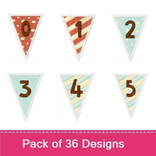 Applique Bunting with Numbers Embroidery Bundle – Number 0, Number 1, Number 2 & More (36 Designs)