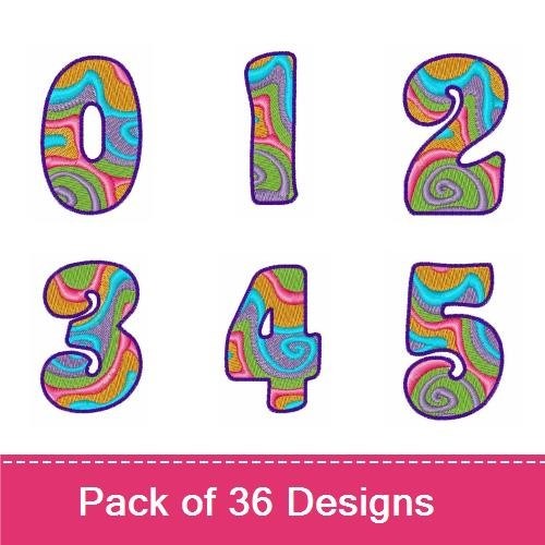 Colorful Swirl Numbers & Letters Embroidery Designs Bundle – 0 to 9, A to Z & More (36 Designs)