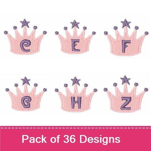 Crown-Themed Letters & Numbers Embroidery Bundle – Pink Crown with Star, Number 0, Number 1 & More (36 Designs)