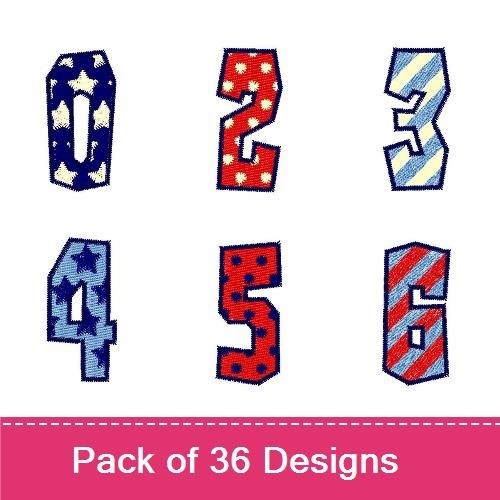 Applique Patriotic Numbers & Letters Embroidery Bundle – 0, 1, 2, 3, 4, 5, 6, 7, A & More (36 Designs)