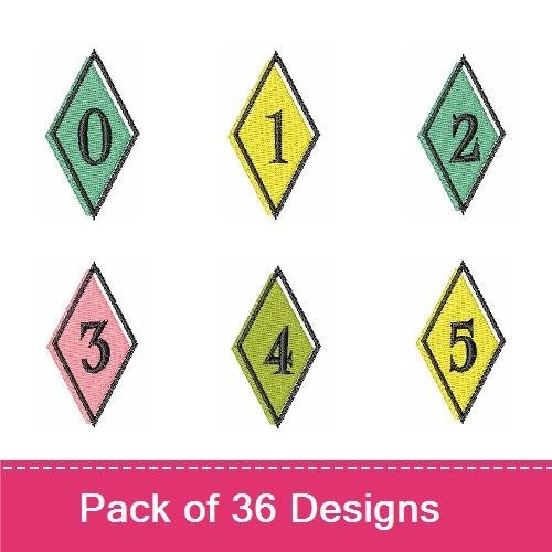 Colorful Diamond-Shaped Letters & Numbers Embroidery Bundle – Number 0, Number 1, Letter A & More (36 Designs)