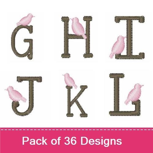 Pink Bird Numbers & Letters Embroidery Designs Bundle – Number 0, Number 1, Number 2, Letter A & More (36 Designs)