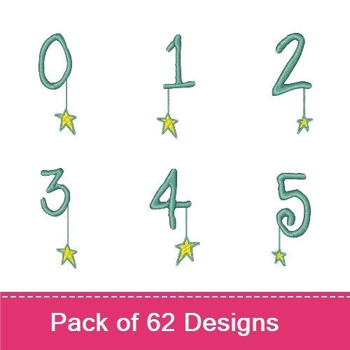 Whimsical Numbers & Letters Embroidery Designs Bundle – Number 0 with Star, Letter A with Star & More (62 Designs)