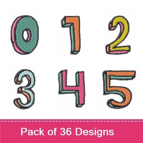 Colorful 3D Numbers and Letters Embroidery Designs Bundle – 0, 1, 2, 3, 4, 5, 6, A & More (36 Designs)