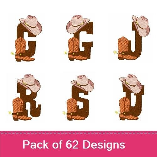 Cowboy-Themed Numbers & Letters Embroidery Designs Bundle – Number 0 with Cowboy Hat and Boot, Number 1 with Cowboy Hat and Boot & More (62 Designs)