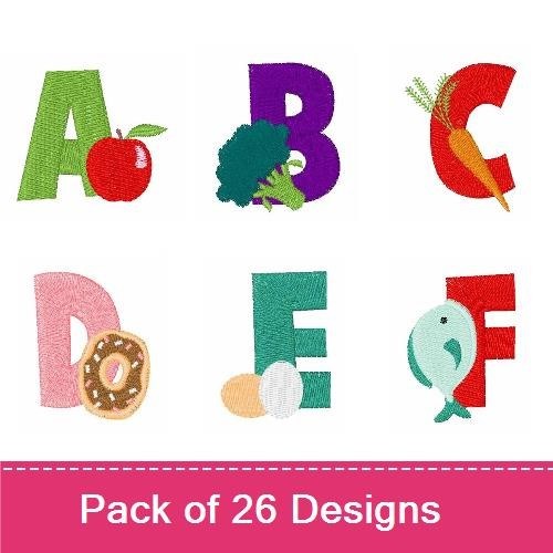 Fruity and Food Alphabet Embroidery Designs Bundle – A with Apple, B with Broccoli, C with Carrot & More (26 Designs)