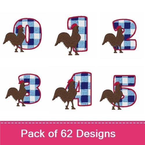 Rooster-Themed Alphabet and Numbers Embroidery Bundle – Rooster Number 0, Rooster Number 1, Rooster Number 2 & More (62 Designs)