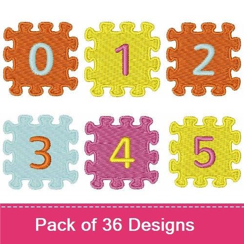 Applique Colorful Puzzle Numbers & Letter Embroidery Designs Bundle – Number 0, Number 1, Number 3, Letter B & More (36 Designs)