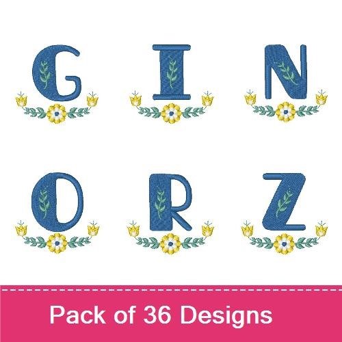 Floral Blue Alphabet Embroidery Designs Bundle – Numbers 0-6 & Letter A (36 Designs)