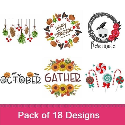 Fall & Halloween Embroidery Designs Bundle – Sunflowers, Pumpkins, Zombie Hands & More (18 Designs)
