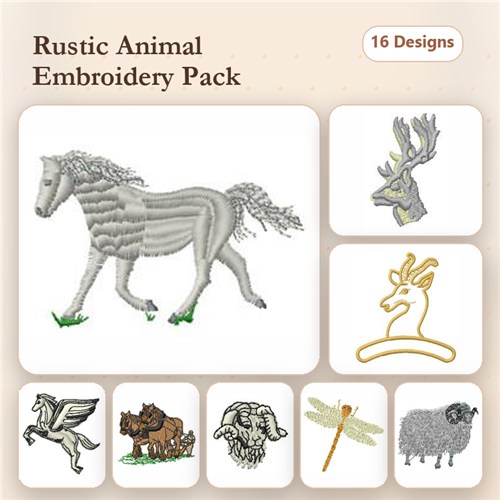 Rustic Animal Embroidery Designs Bundle – Horse, Deer, Pegasus, & More (16 Designs)