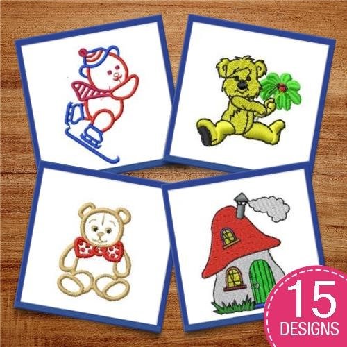 Whimsical Kids Characters Embroidery Designs Bundle – Skating Bear, Teddy Bear with Clover, Mushroom House & More (15 Designs)
