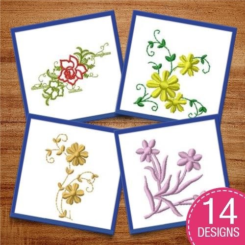 Colorful Floral Embroidery Bundle – Rose with Green Leaves, Yellow Flower Sprig, Lavender Blossom & More (14 Designs)
