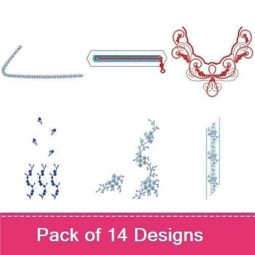 Redwork Floral Embroidery Designs Bundle – Floral Border, Decorative Accent, Spiral Element & More (14 Designs)
