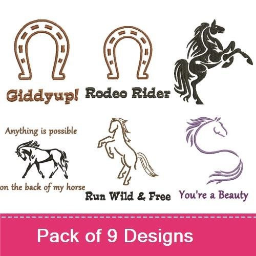 Horse Themed Embroidery Designs Bundle – Rearing Horse, Horseshoe, Giddyup! & More (9 Designs)