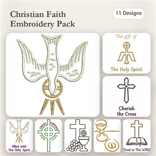Christian Faith Embroidery Designs Bundle – Dove with Ring, Heart with Cross, Cross with Crown & More (11 Designs)