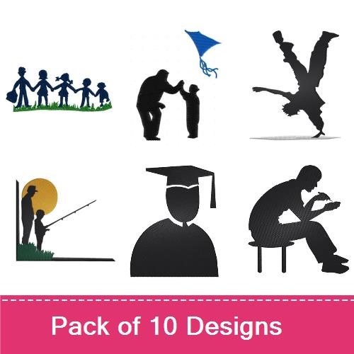 Family Moments Embroidery Designs Bundle – Man Walking Dog, Family Silhouette, Kite Flying & More (10 Designs)