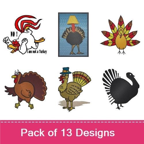 Thanksgiving Turkey & Owl Embroidery Designs Bundle – Cartoon Turkey, Owl with Chef Hat, Turkey Family & More (13 Designs)