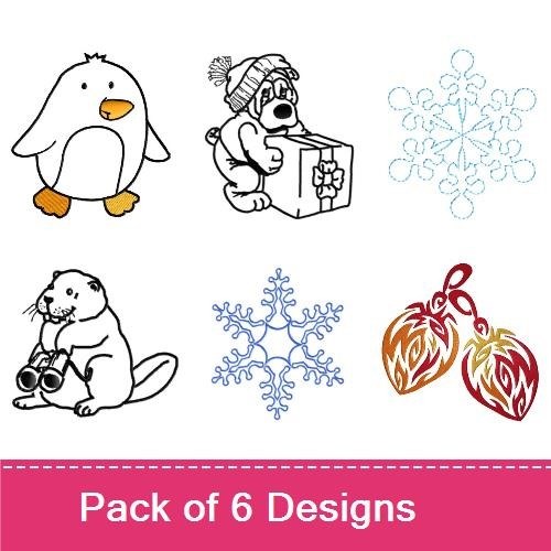 Penguin & Dog Holiday Embroidery Bundle – Snowflakes & Ornaments (6 Designs)