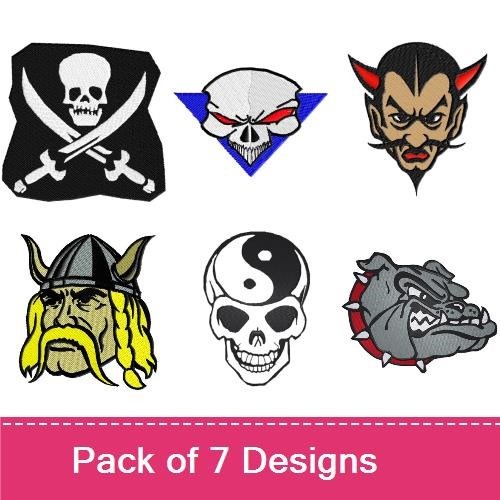 Fierce Faces and Skulls Embroidery Designs Bundle – Devil Face, Viking Face, Skull with Crossbones & More (6 Designs)