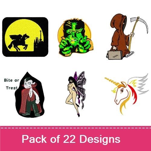 Spooky and Fantasy Halloween Embroidery Designs Bundle – Fairy with Wings, Silhouette of a Witch, Unicorn & More (21 Designs)