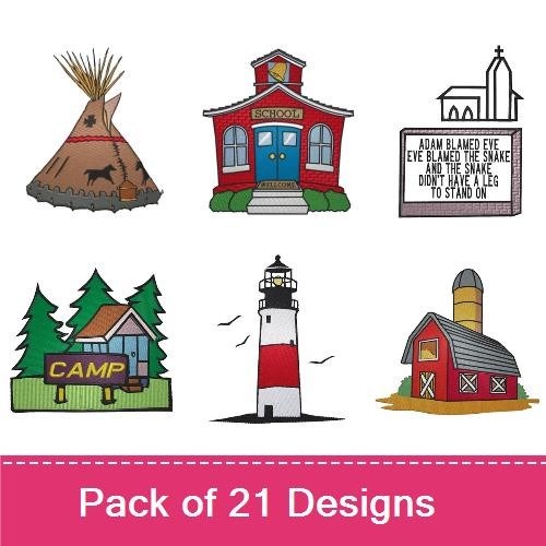 Rustic Landmark Embroidery Designs Bundle – Lighthouse, Barn, Outhouse & More (21 Designs)