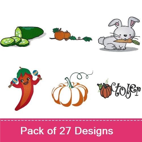 Fresh Vegetables Embroidery Designs Bundle – Red Pepper, Green Jalapeno, Black Cat with Pumpkin & More (27 Designs)