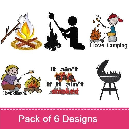 Campfire & BBQ Embroidery Bundle – Campfire with Marshmallow, Stick Figure Cooking, Grill & More (6 Designs)