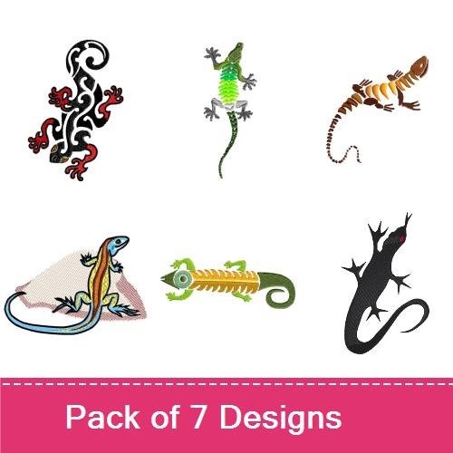 Colorful Lizard Embroidery Bundle – Colorful Lizard with Black Patterns, Green Gecko, Striped Lizard & More (7 Designs)