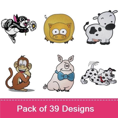 Cute Animal Characters Embroidery Bundle – Rabbit with Flower, Kangaroo with Watering Can, Cow & More (39 Designs)