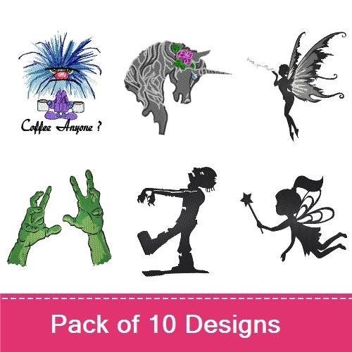 Fantasy & Spooky Creatures Embroidery Designs Bundle – Blue Monster, Alien, Fairy, Zombie & More (10 Designs)
