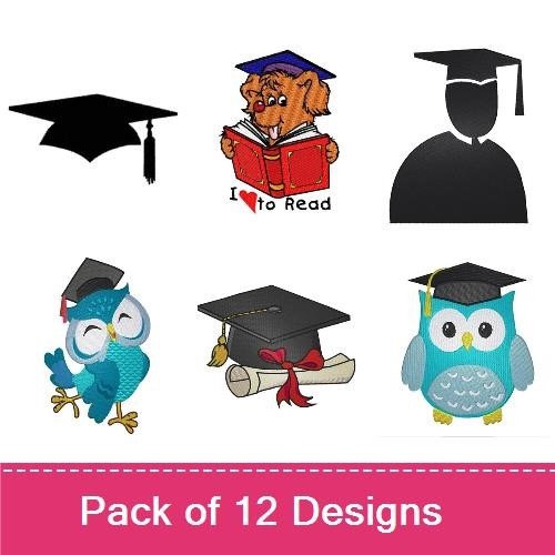 Graduation Embroidery Bundle – Caps, Owls & Reading Dog (12 Designs)
