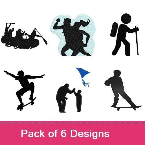 Active Lifestyle Silhouettes Embroidery Designs Bundle – Skateboarder, Kayaker, Martial Artist & More (6 Designs)