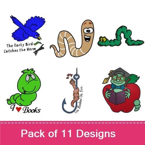 Cute Worms Reading Embroidery Designs Bundle – Green Caterpillar, Happy Worm, Worm with Glasses & More (11 Designs)