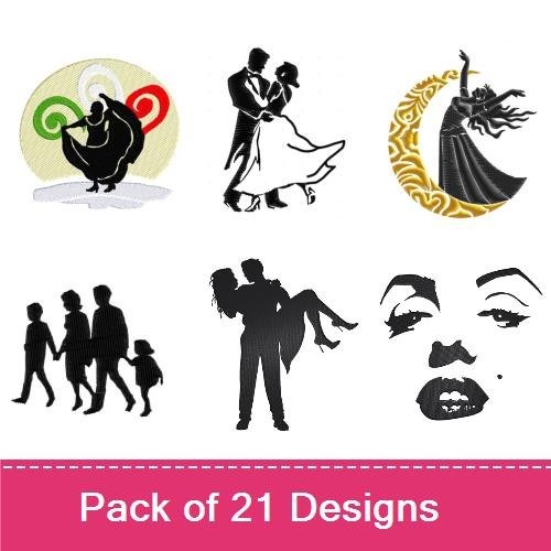Elegant Couples & Family Embroidery Designs Bundle – Dancing & Kissing Couples, Family Silhouette & More (21 Designs)