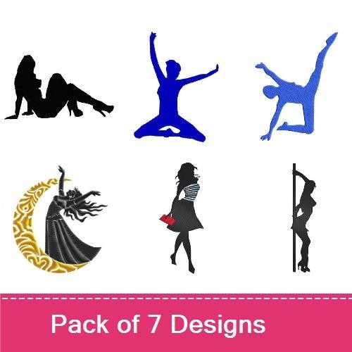 Elegant Dancer Silhouettes Embroidery Designs Bundle – Dancing Figure with Moon, Silhouette in Tutu & More (7 Designs)