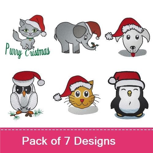 Cat, Elephant & Dog Embroidery Bundle – Holiday Designs (7 Designs)