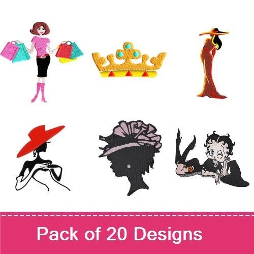 Elegant Ladies Embroidery Designs Bundle – Lady with Red Hat, Fashionable Woman in Pink, Lady with Umbrella & More (20 Designs)