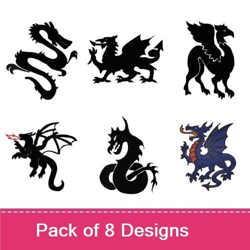 Mythical Dragon Embroidery Bundle – Dragon with Flames, Winged Dragon, Sea Serpent & More (8 Designs)