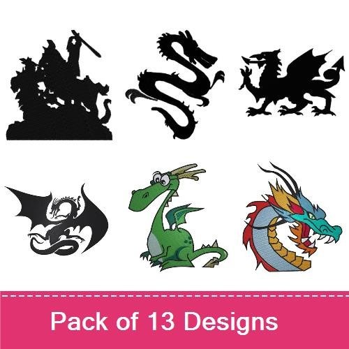 Dragons & Mythical Creatures Embroidery Designs Bundle – Green Dragon, Fire-Breathing Dragon, Dragon with Scroll & More (12 Designs)