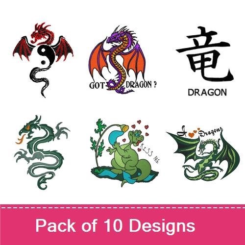 Dragon Embroidery Designs Bundle – Dragon with Flames, Dragon with Crown, & More (10 Designs)